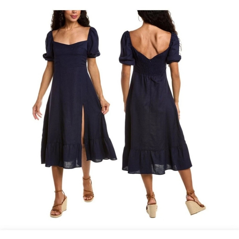 Anthropologie Navy Puff-Sleeve Midi Dress with Front Slit